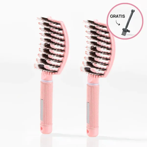 2 stk. Curved Paddle Brush + Gratis Gave - 2 stk Lyserød (Spar 12%) + Gratis Cleaning Brush - Yuaia