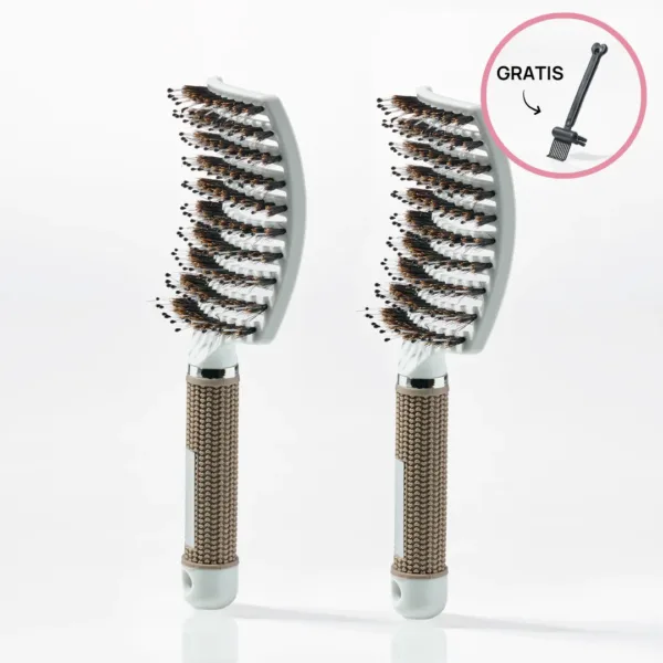 2 stk. Curved Paddle Brush + Gratis Gave - 2 stk Hvid (Spar 12%) + Gratis Cleaning Brush - Yuaia