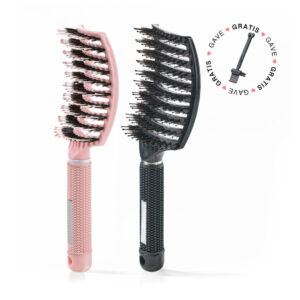 2 stk. Curved Paddle Brush + Gratis Gave - Lyserød + Sort (Spar 12%) + Gratis Cleaning Brush - Yuaia